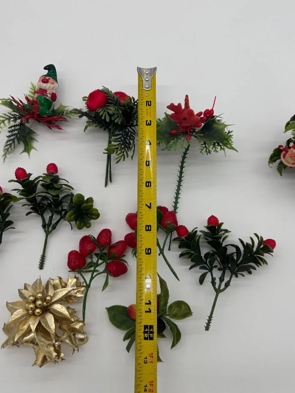 Vintage Christmas Floral Pick Deer Santa Gnome Strawberry Fruit 11 Pc Lot